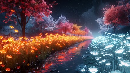 A dreamy nighttime landscape featuring a stream running through a field of glowing flowers, surrounded by colorful trees.