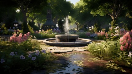 Fototapeta premium A beautiful fountain in a lush garden. The fountain is surrounded by flowers and greenery, and the water is crystal clear.