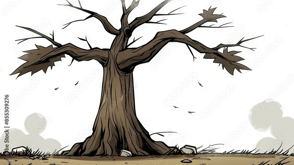 Poster a drawing of a tree trunk with birds flying around it in a field