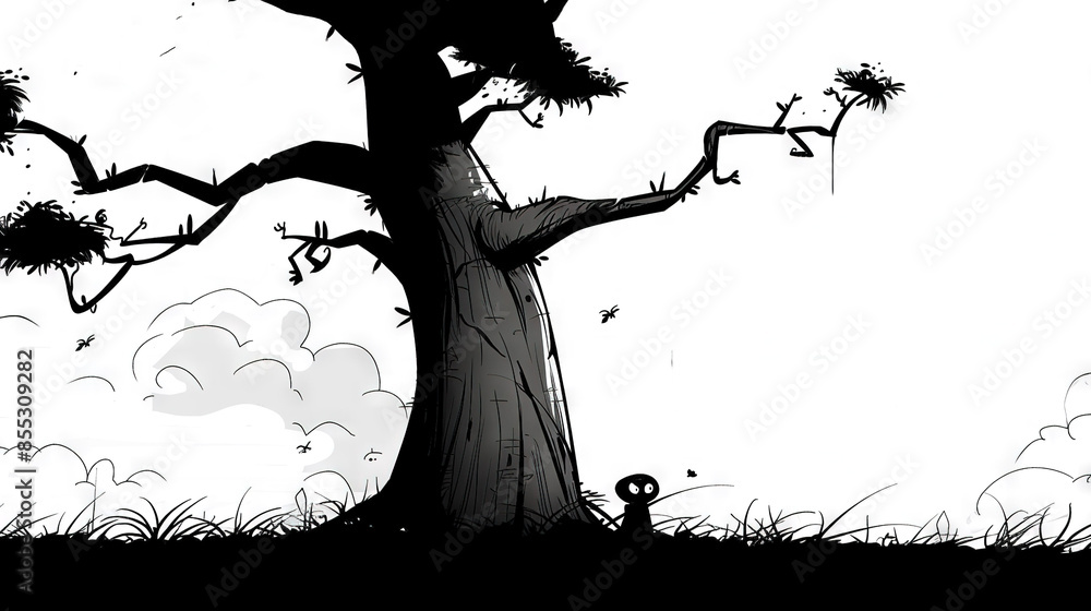 Poster a black-and-white sketch of a tree with a bird perched on its branch beside the tree