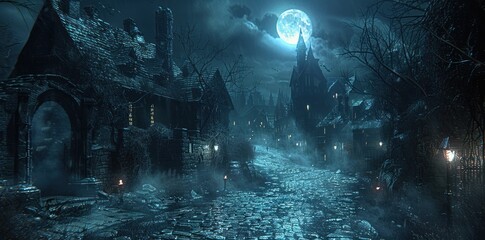 Obraz premium A Mystical Nighttime Street in a Gothic Town