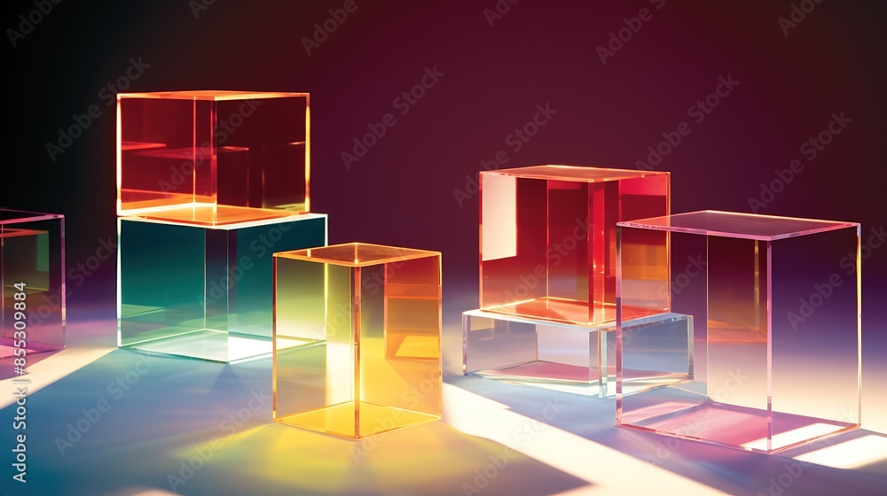 Poster 3d rendering of a set of transparent glass cubes of different sizes on a dark blue background.