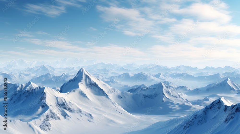 Poster the image is of a snow-capped mountain range. the mountains are in the distance and are covered in s