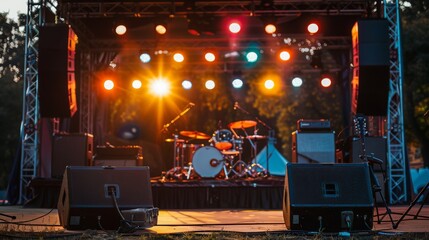 A concert stage is set up with speakers and lights, ready for a performance. The stage is dimly lit...