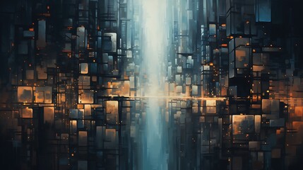 Fototapeta premium The image is a dark and mysterious cityscape. The tall buildings are made of glass and steel, and they are lit up by the bright lights of the city.