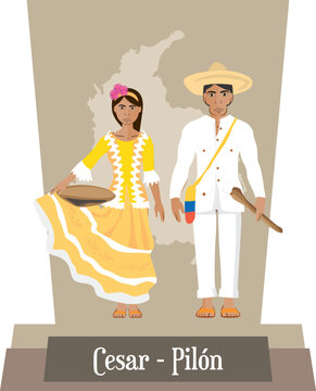 Illustration vector isolated of Colombian traditional costumes, colombian dances Cesar, vallenato, Pilon.
