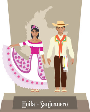 Illustration vector isolated of Colombian traditional costumes, colombian dances, Huila, Sanjuanero.