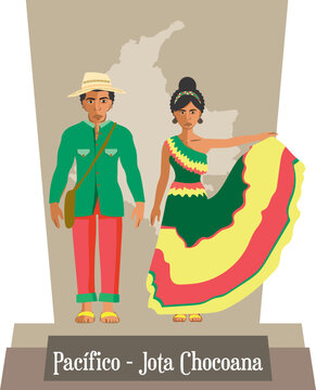 Illustration vector isolated of Colombian traditional costumes, colombian dances, Pacifico, Jota Choco.