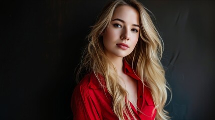 Naklejka premium A beautiful blonde woman in red shirt.