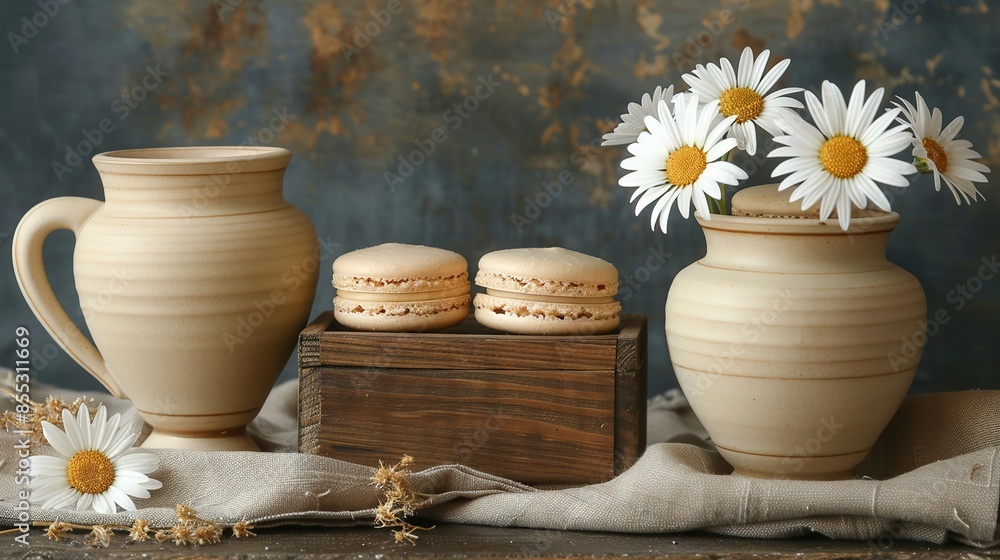 Poster a few vases rest atop a table, adjacent to a container of macaroni and cheese