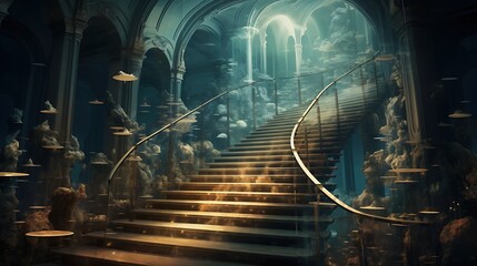 Mystical surrealism. Stairs to heaven. 3D rendering.
