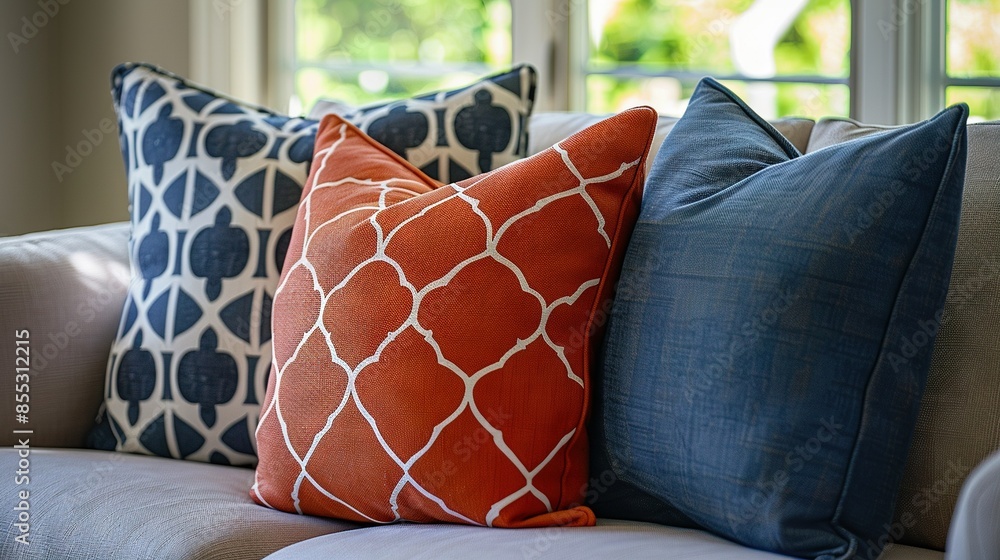 Poster a close-up of a couch with multiple pillows on top, and a window visible in the background