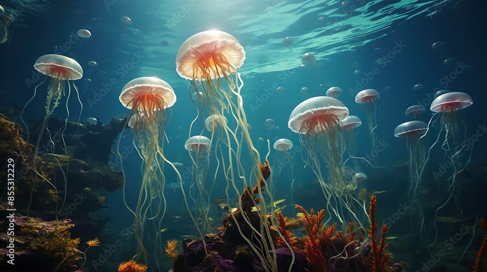 Poster A group of jellyfish swim gracefully through the ocean. Their long, trailing tentacles create a mesmerizing display of movement.