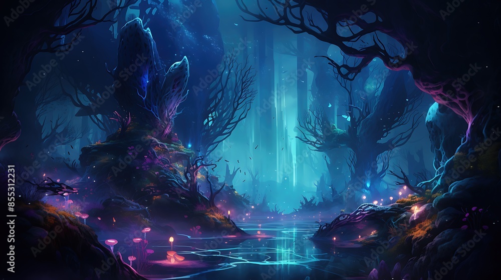 Poster mystical forest with glowing mushrooms and a river flowing through it. the trees are tall and the br