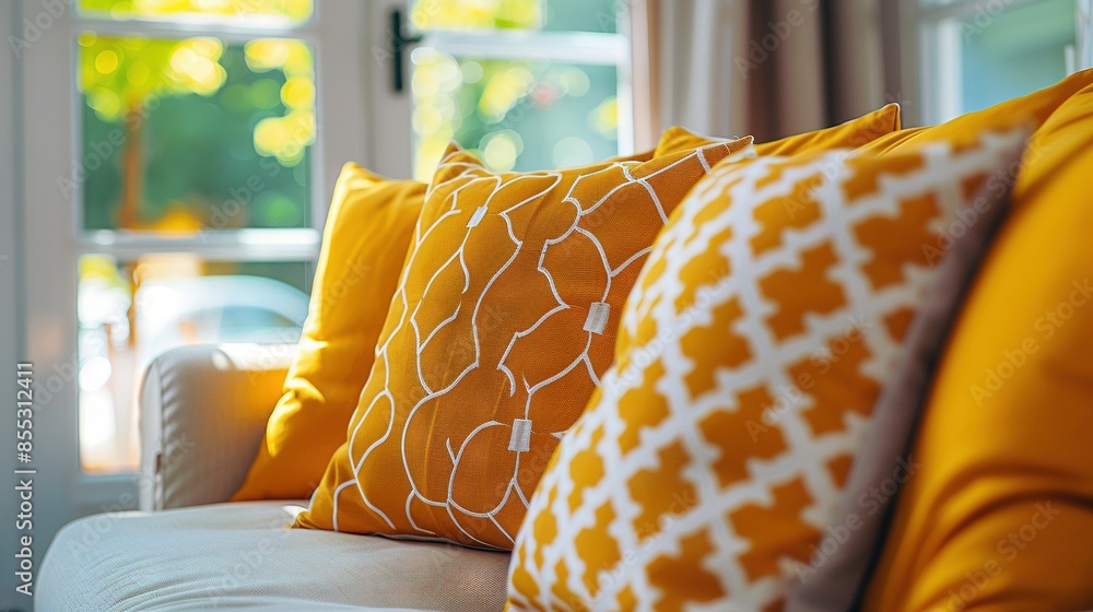 Poster close-up of a couch with multiple pillows in front of a window displaying a car in the background