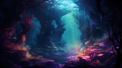 Naklejka premium Mystical deep-sea landscape with a beautiful coral reef and exotic fish. Glowing plants and mysterious creatures in the dark ocean depths.