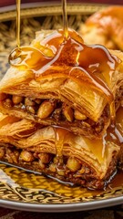 Mouth-watering freshly baked baklava with intertwined layers of golden phyllo, revealing a rich nutty filling.