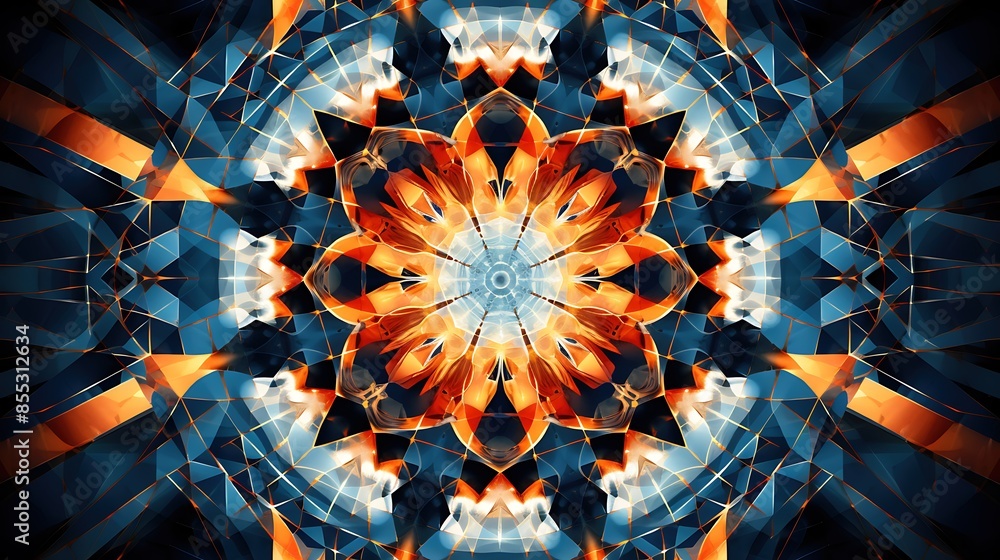 Poster this is an abstract image of a flower with a blue and orange color scheme. the image is very detaile