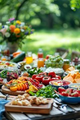 Fototapeta premium Outdoor Picnic with Gluten-Free Snacks, Fresh Vegetables, and Fruit on a Sunny Day