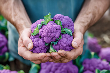 A farmer is pictured holding a bountiful harvest of vibrant purple cauliflower in their hands