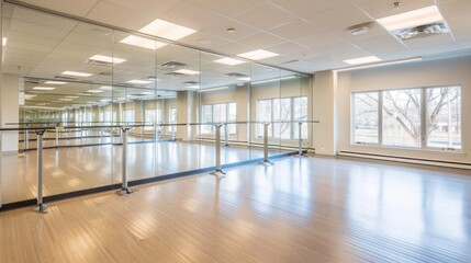 This image shows an empty dance studio with wood flooring, mirrored walls, a ballet barre, and large windows. The studio is well-lit and has a clean, modern aesthetic.