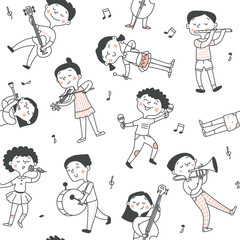 Seamless musical childrens pattern. Boys and girls play musical instruments. Vector doodle illustration