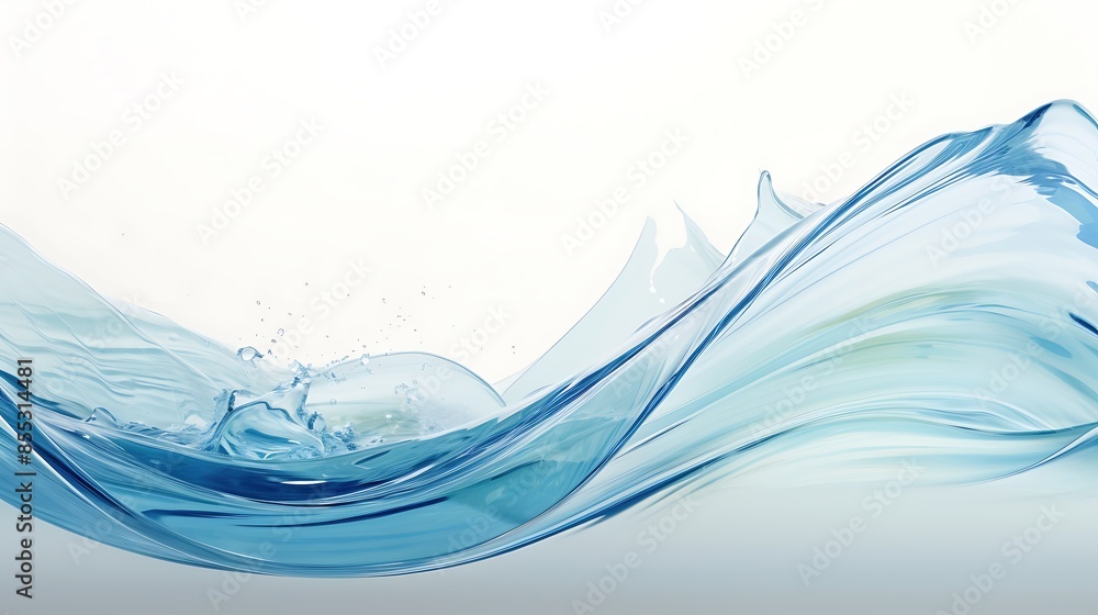 Poster 3d rendering of a blue water wave with a white background. the wave is in the foreground and is spla