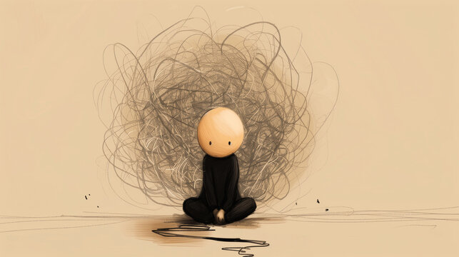 doodle of person sitting on the floor, squiggles surrounding them representing overthinking and brain fog