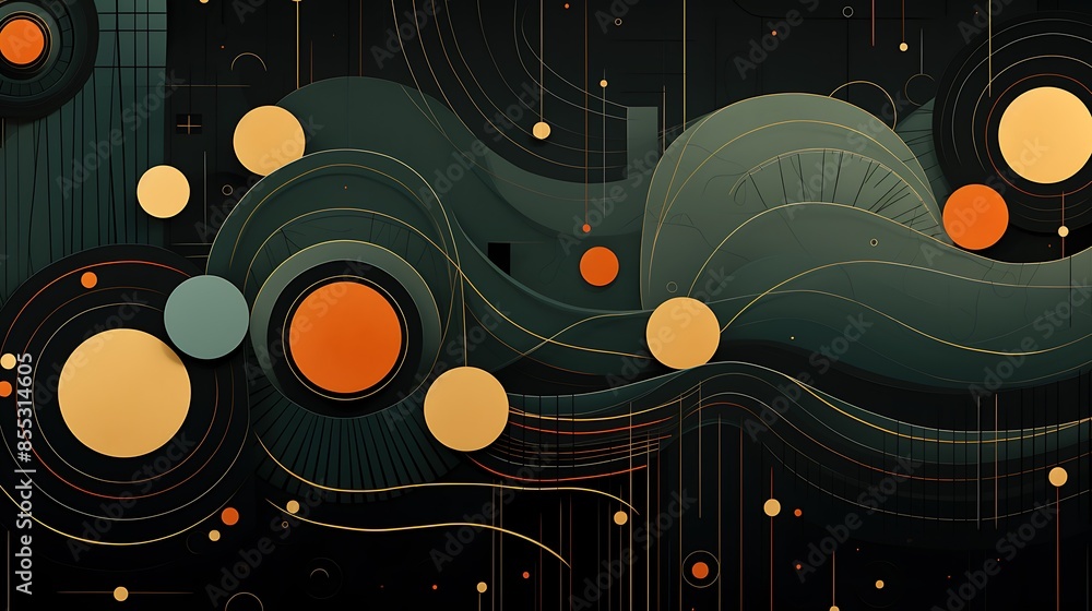 Poster dark green background with orange and yellow circles and lines. the image is abstract and has a retr