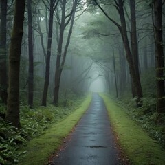 Fototapeta premium a mysterious, fog-shrouded forest path. Tall, ancient trees line the road, their branches forming a verdant canopy overhead.