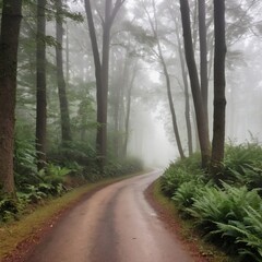 Fototapeta premium a mysterious, fog-shrouded forest path. Tall, ancient trees line the road, their branches forming a verdant canopy overhead.