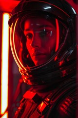 A woman in a space suit with red lights.