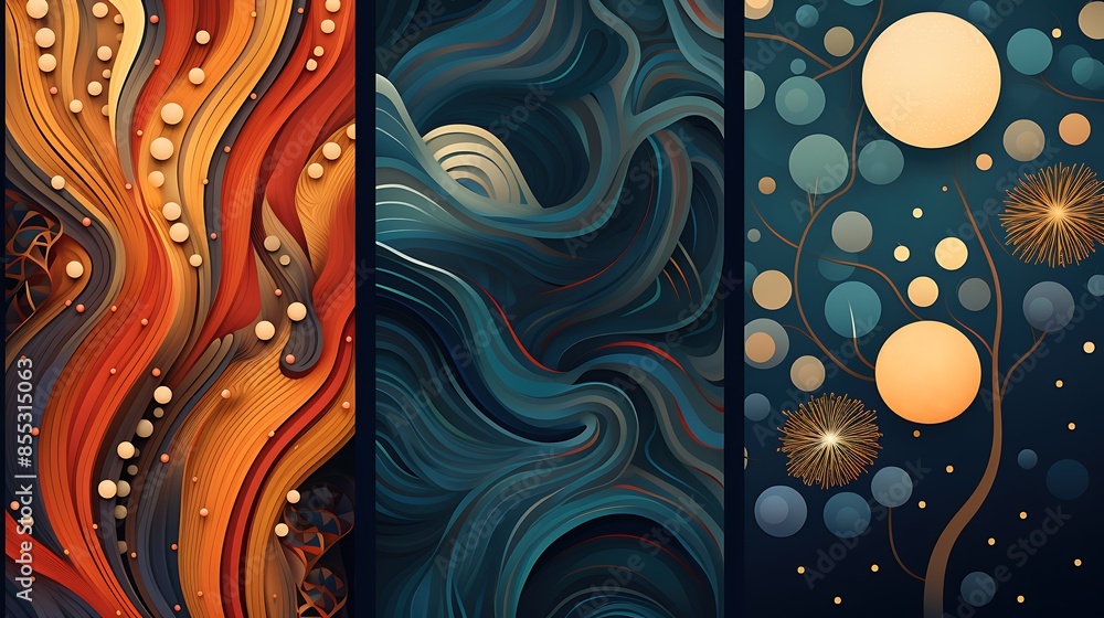 Poster triptych of abstract backgrounds. the left panel is a warm, autumnal scene with a tree and falling l