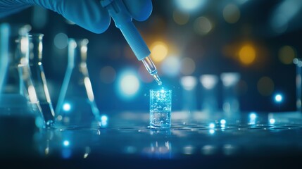 Chemist conducting experiment selective focus, chemical analysis futuristic, silhouette chemistry lab