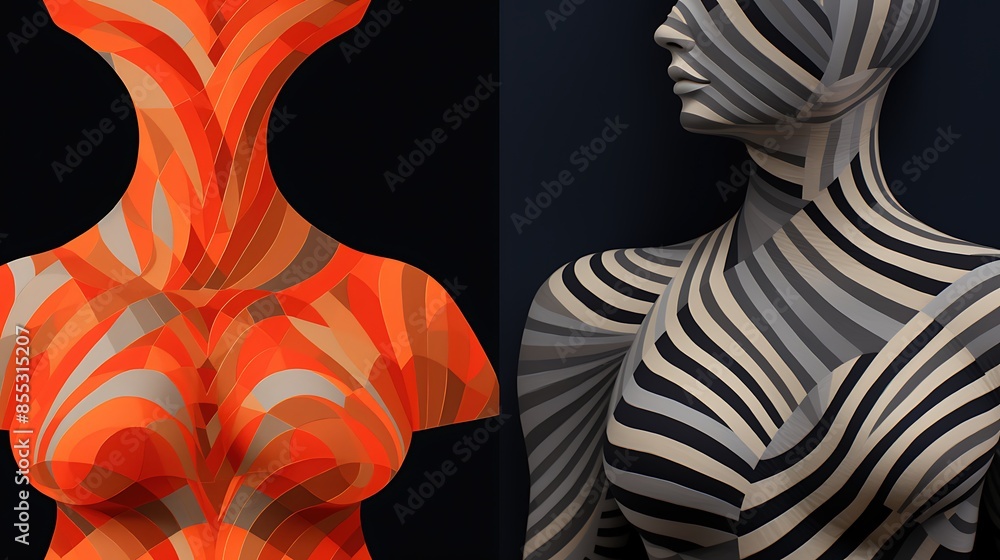 Poster 3d rendering of a female torso. the torso is made up of colorful stripes. the image is set on a blac
