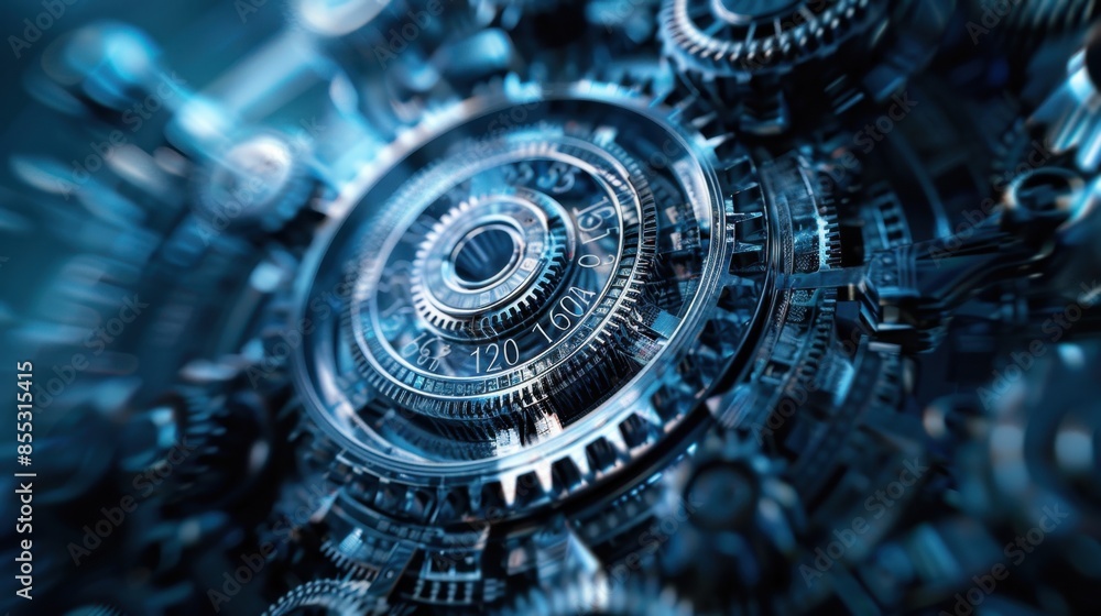 Poster a detailed close-up of a complex mechanical clockwork with gears and cogs, rendered in a cool blue c