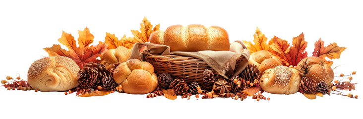 Thanksgiving Trio - Pilgrim Figurines, Festive Table Runner, and Freshly Baked Rolls on White Background