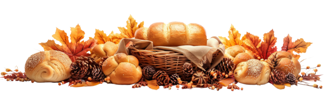 Thanksgiving Trio - Pilgrim Figurines, Festive Table Runner, and Freshly Baked Rolls on White Background