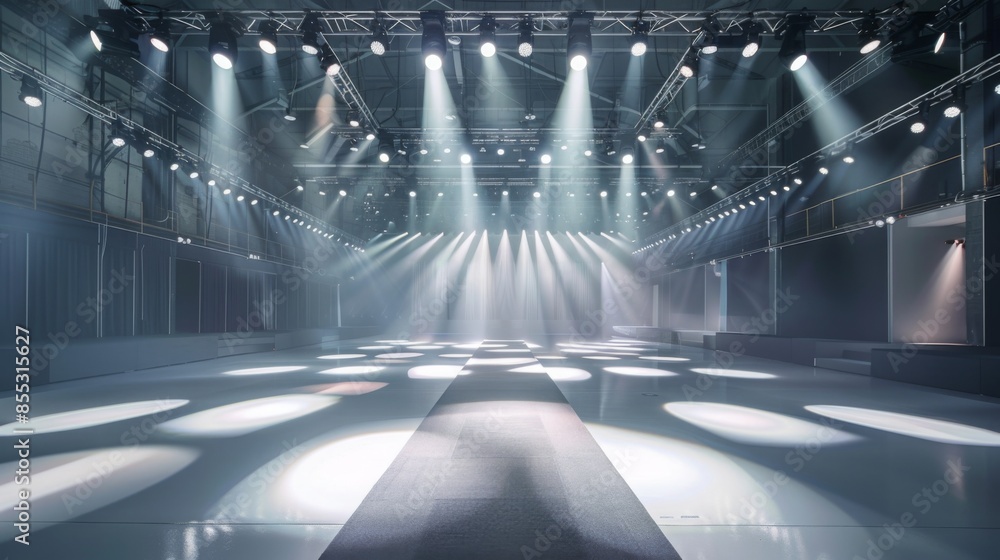 Poster an empty stage with bright lighting and a long runway. the stage is set for an event with multiple s