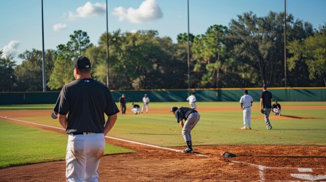 Baseball Coach Leading Practice Session with Players on Field for Skill Drills and Feedback