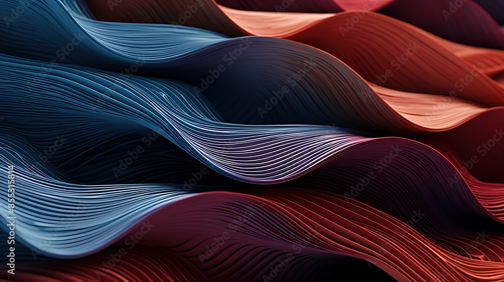 Poster 3d rendering of a wavy surface with a blue, purple, and red color scheme.