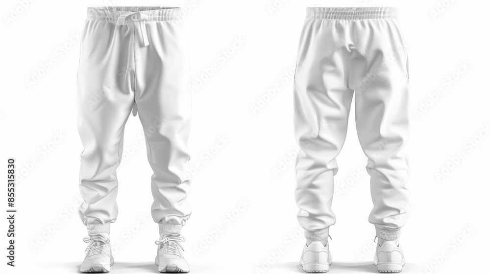 Poster 3d rendering of blank white mens pants mockup showing front and back views isolated empty template o