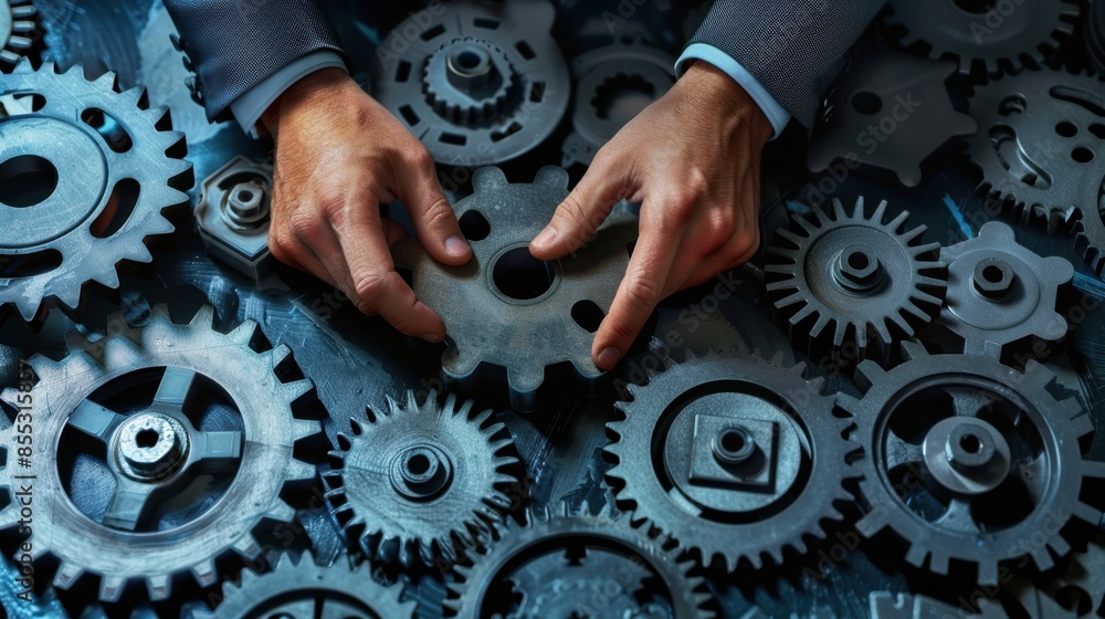 Poster close-up of a pair of hands adjusting a system of interlocking gears, creating an image of complex m