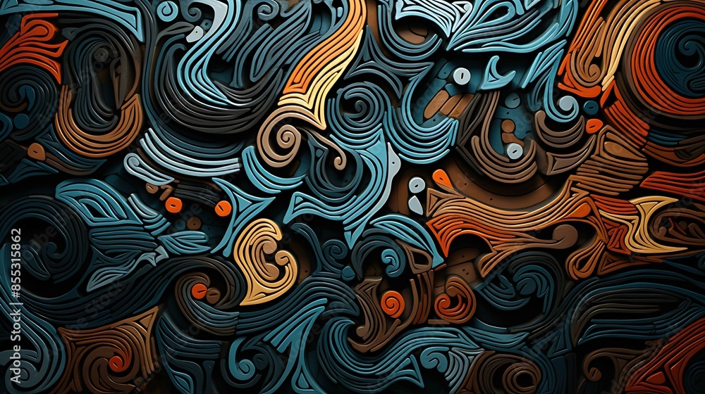 Poster abstract 3d rendering of a colorful and intricate pattern of interlocking shapes and curves.
