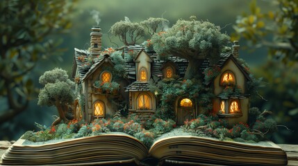 Obraz premium A miniature fairytale house with glowing windows sits nestled among lush greenery on an open book, creating a magical and enchanting scene.