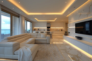 Fototapeta premium Modern White Living Room and Kitchen