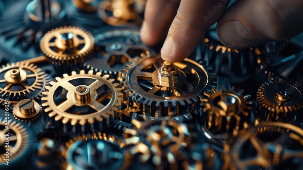 Poster a close-up shot captures the intricate details of metallic gears, their smooth surfaces and sharp ed