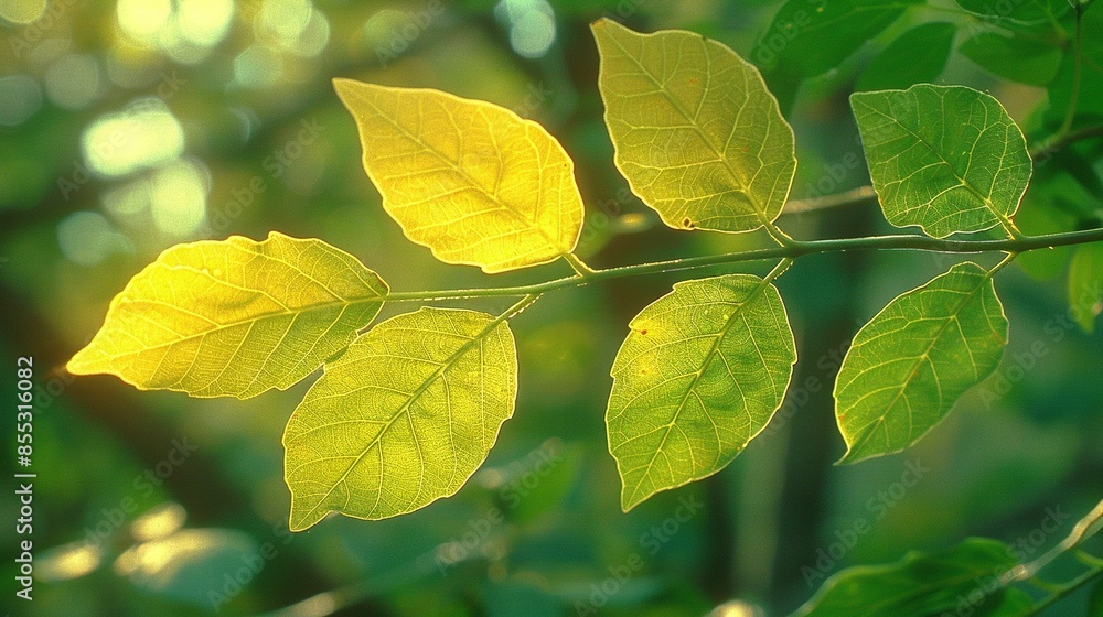 Poster a high-resolution image of a close-up leaf on a branch, illuminated by sunlight filtering through th