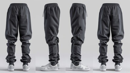3D rendering of blank black mens pants mockup from different views Isolated mockup of classic loungewear jeans for males