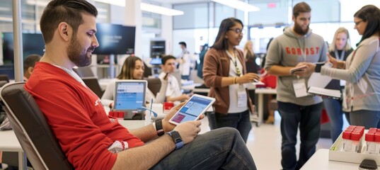 Tech Company Blood Donation Drive with Employees Registering via Digital Tablets in a Modern Office
